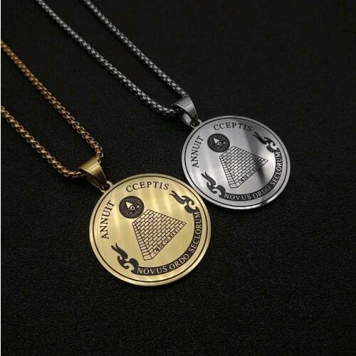 Hip Hop Round Coin All Seeing Eye of Providence Pendants Necklace Gold Color Stainless Steel Masonic Chain For Women Men Jewelry