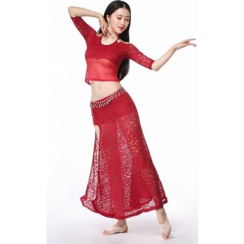 New Arrivals 2018 Women Belly Dance Wear Floral Lace 2 Pieces Set Half Sleeves Off Shoulder Bellydance Top and Skirts