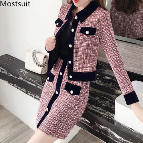 Winter Women Tweed Vintage Two Piece Skirt Suits Sets Buttons Coat And A-line Skirt Outfits Sets Elegant Fashion 2 Piece Sets