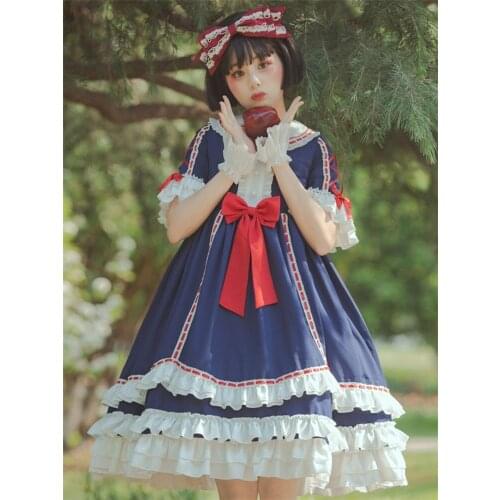 Summer Short Sleeve Blue Lolita Op Women Dress Gorgeous Court Style High Waist Lolitas Princess Dresses Victorian Gothic Vintage