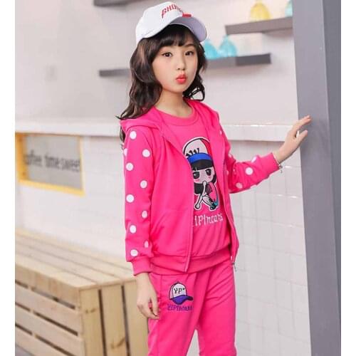 2019 New Big Girls Coat+t Shirt+pant 3 Pc Sport Sets Children Clothes Sets Spring and Autumn Leisure Girls Cartoon Clothing