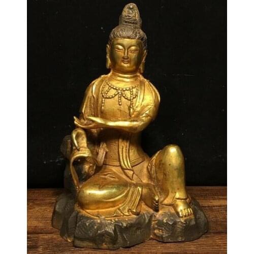 9" Chinese old Antique bronze gilt handmade comfortable guanyin statue