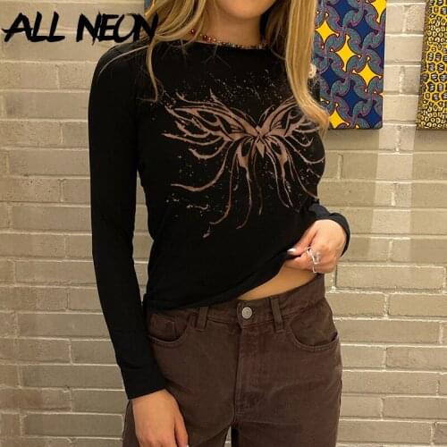 ALLNeon Y2K Grunge Aesthetics Butterfly Print Black T-shirts E-girl Vintage Basic O-neck Long Sleeve Tees Autumn Gothic Outfits