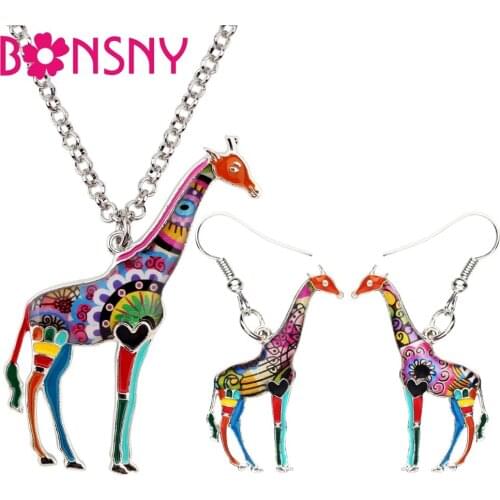 Bonsny Enamel Alloy Floral African Jungle Giraffe Earrings Necklace Jewelry Sets For Women Girls Teens Gift Wild Animal Charms