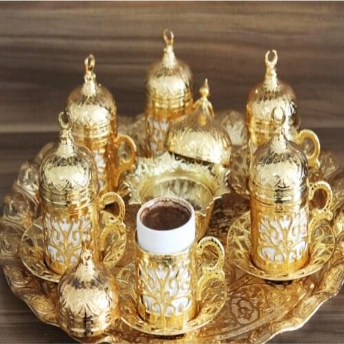 Turkish Coffee Cup Set , 6 Person Authentic Patterned Cup Set with Tray