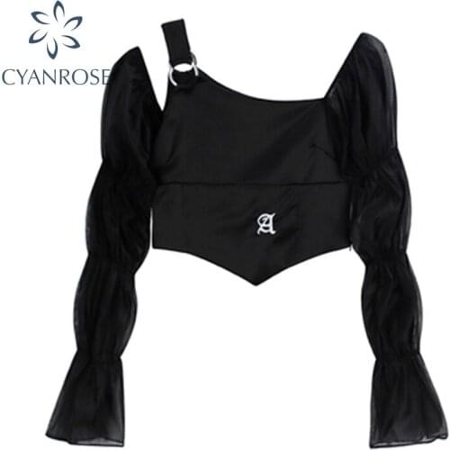 Black Satin Puff Long Sleeve T-Shirt Womens 2021 Early Autumn New Chic Irregular Design Tops Club Party Sexy E-girl Crop Tops