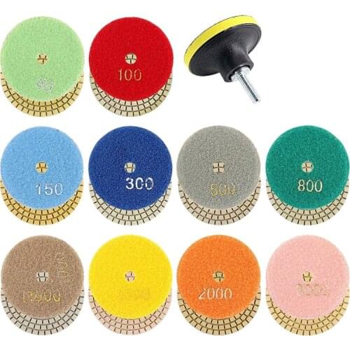 11Pcs 3inch Wet Diamond Polishing Pads Set 50 to 3000 Grit Hook and Loop Backing Sanding for Granite Concrete Marble