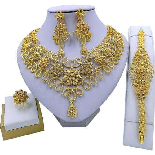 African Elegant Women Flower Necklace Bracelet Earrings Ring Crystal Jewelry Wedding Bridal Fashion Jewelry Set