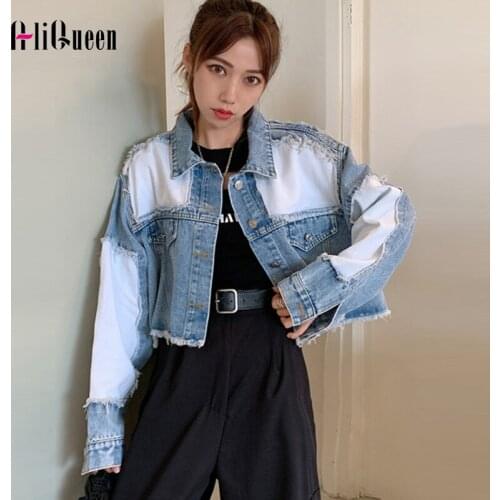 Autumn Spring Women Vintage Punk Tassel Stitching Raw Edge Denim Coat Short Blue Jean Jackets Female Streetwear Button Outwear