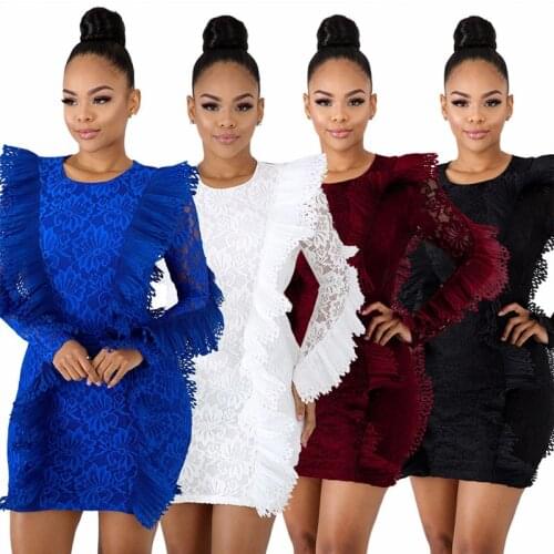 2019 Perspective Summer Lace Dress Long Sleeve Slim Package Hip Pencil Dress O Neck See-Through Party Dress Plus Oversize S-2XL