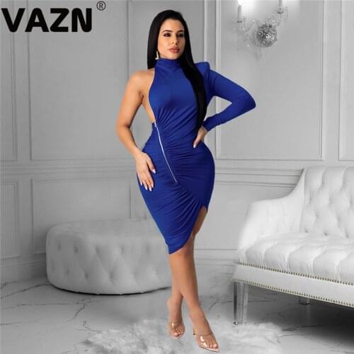 VAZN 2020 Summer sexy lady blue solid mid slim dress one full sleeve O-neck backless pleated dress lady sexy zipper fly dress