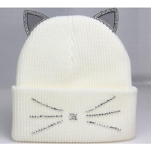 Cute Ears Beanie Winter Womens Knit Ribbed Hat with Rhinestone Bling Skullies Hats White Black Red Grey