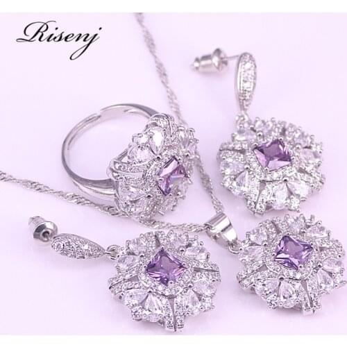 Many Colors Dubai Hot Sales Square Purple Crystal Silver 925 Jewelry Set For Women Ring Earrings Necklace Ring Anniversary Gift