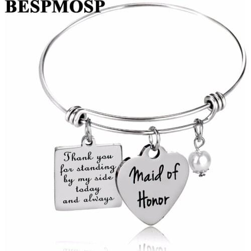 Bespmosp Trendy Square Heart Pearl Pendant Bangle Bracelet Maid OF Honor Women Family Friends BFF Jewelry Stainless Steel Gifts