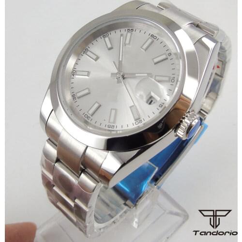 36mm tandorio MIYOTA 8215 Movement Mens Watch Silver Dial Sapphire glass Date Steel Bracelet