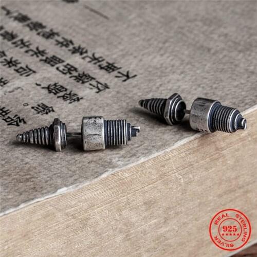 MKENDN Gothic 925 Sterling Silver Spark plug ear studs Steampunk The Industrial Revolution Cyberpunks Men Male Jewelry