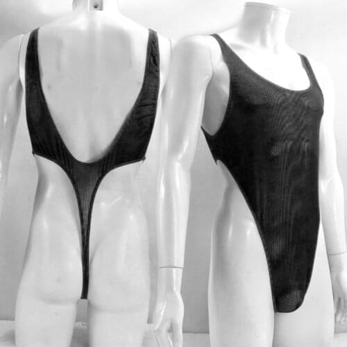 G528Q Mens bodysuit Thong Leotard High Cut Deep U Back Nylon spandex Stripes Semi C-thru Stretchy