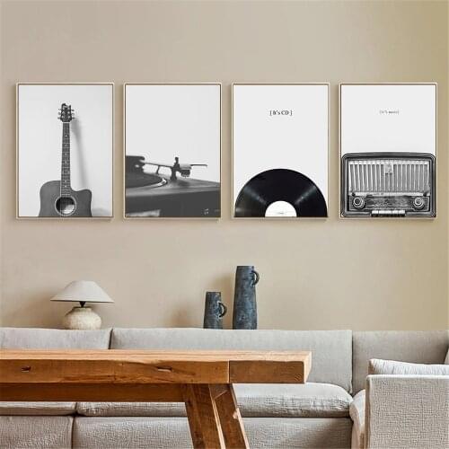 Vinyl Record Wall Painting Guitar CD Poster Music Canvas Print Black And White Wall Art Pictures Modern Living Room Home Decor