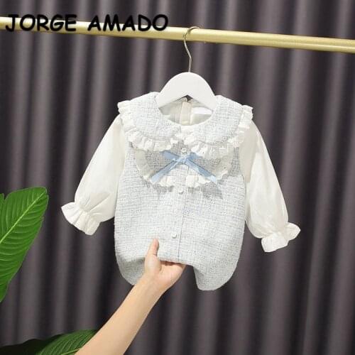 2021 New Spring Kids Girls Dress Blue Bow Peter Pan Lace Collar Puff Sleeves Cute Style Princess Dress Children Clothes E1128