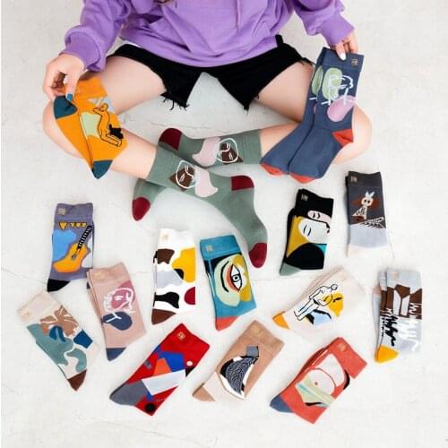 New Unisex Painting Style Cotton Crew Socks Women Cool Contrasting Color Graffiti Character Streetwear Skateboard Size 35-40