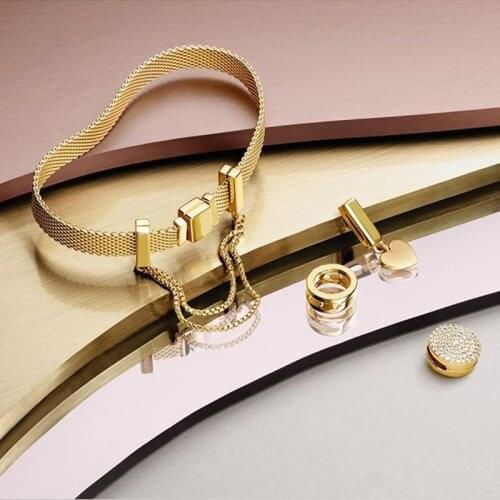 NEW 100% 925 Sterling Silver Reflexions Bracelet Set Shine Gold Heart Elegant Fit European DIY Original Charm Bead Jewelry Gift