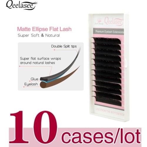 Qeelasee 10 trays matte flat lashes split tips individual mink ellipse shaped natural lighter and softer false eyelashes