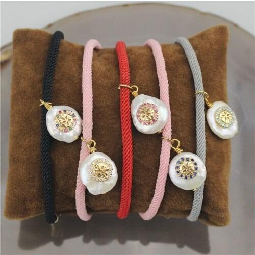 Adjustable 10pcs/lot Rope with freshwater pearl cz charm pendant bracelet,cubic zirconia micro pave charm bracelet