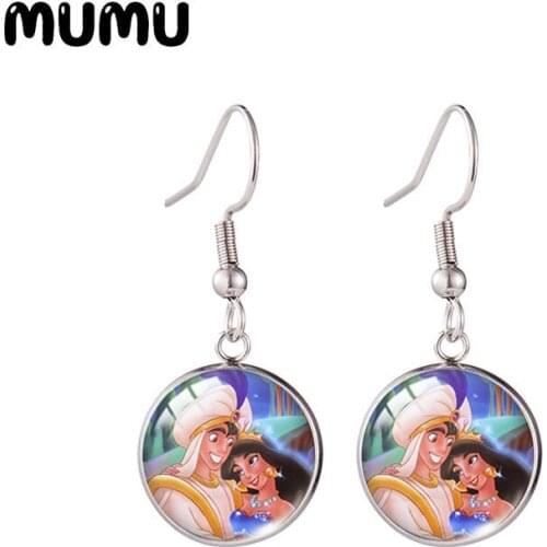 2021 New Aladdin Fish Hook Earring Jasmine Rajah The Sultan Photo Round Jewelry Glass Dome Earrings Gifts Girl