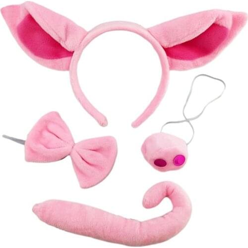 Super Soft Pig Ear Headband Nose Tail Halloween Animal Headdress Dress Up Accessories Pink Piggy Head Hoop Set Cosplay Props