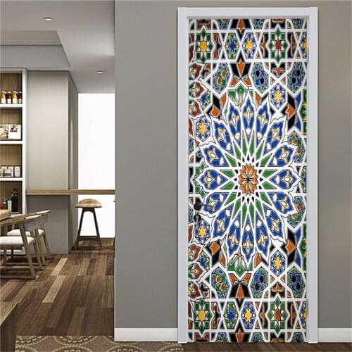 Stained Glass Wallpaper For Doors Imitation 3D Door Stickers Self Adhesive Home Decor Waterproof Removable Poster For Household