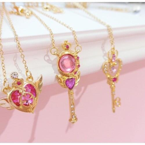 Japanese Soft Sister Pendant Necklace Women Cardcaptor Sakura Magic Wand Love Wings Student Collarbone Neck Chain Jewelry Charms