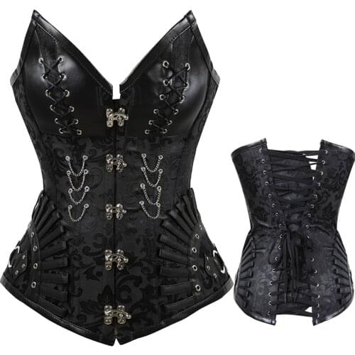 Womens Steampunk Gothic Faux Leather Corset 14 Spiral Steel Boned Overbust Corset Korse Black Goth Sexy Punk Bustiers S-2XL