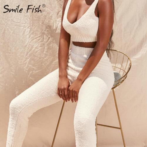 Lounge Sexy Women Knit Tank Tops Long Pants Suits Cozy Fuzz Winter Solid Womens Soft Fluffy Two Piece Sets Casual Outfits G1873