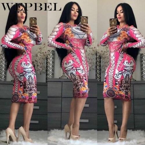 WEPBEL Long Sleeve O Neck Slim Fit Vintage Midi Dress Women Fashion Bodycon Dress