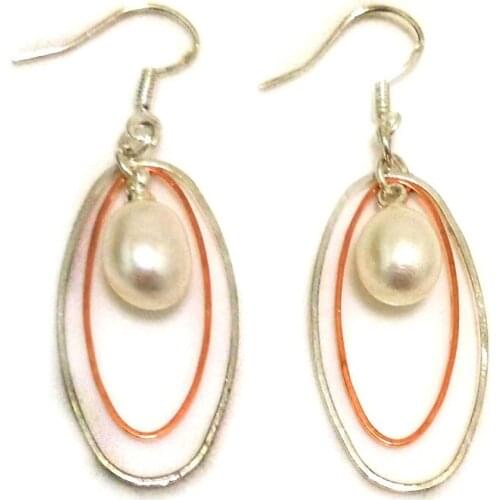 1.5 inches Double Ring Natural White 7-8mm Drop Pearls 925 Sterling Silver Chandelier Earring