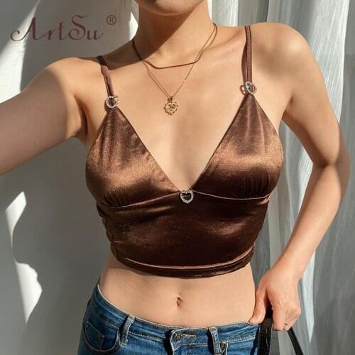 ArtSu Brown Blue Pink Fashion Y2K Cami Top Women 90s Kawaii V Neck Sexy Crystal Satin Club Tops Summer Crop Top 2021 Camisole
