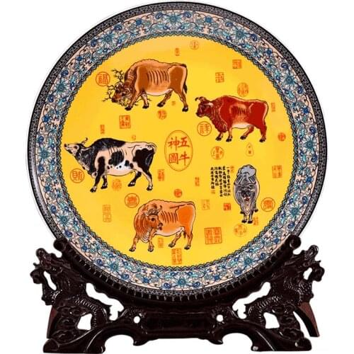 36cm Lucky Five Cows Ceramic Ornamental Plate Chinese Big Decoration Plate Wood Base Porcelain Plate Set Wedding Gift