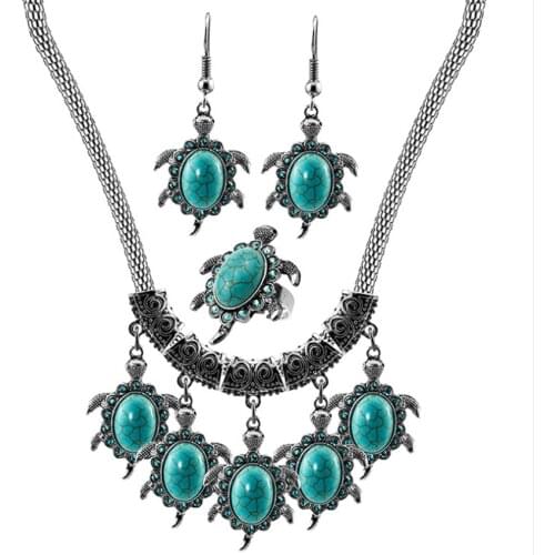 FYJS Unique Silver Plated Tortoise Shape Green Turquoises Stone Pendant Necklace Earrings Finger Ring Jewelry Sets