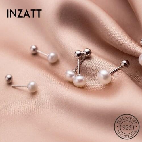 INZATT Real 925 Sterling Silver Minimalist Pearl Round Stud Earrings For Fashion Women Fine Jewelry Bohemian Accessories Gift