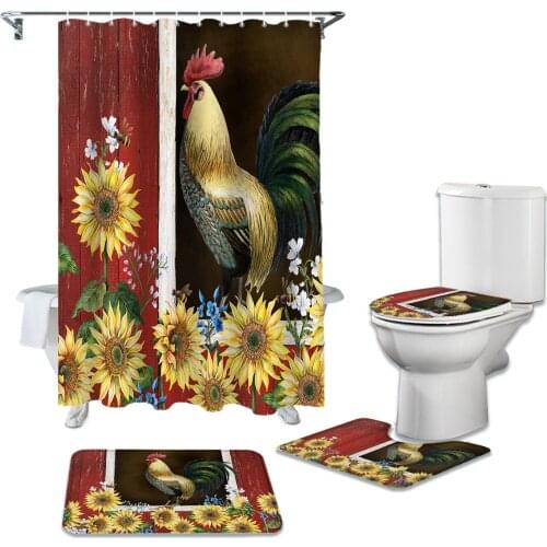 Farm Barn Chicken And Sunflower Shower Curtains Set Bath Mat Set Toilet Cover Bathroom Accessories Bathroom Rug Set