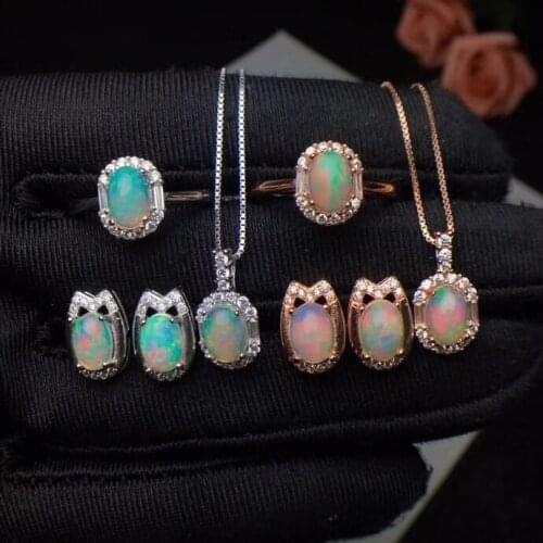 Natural multicolor opal Ring Pendant earrings Natural Gemstone Jewelry Set 925 Silver Fashion round girl party gift fine Ring