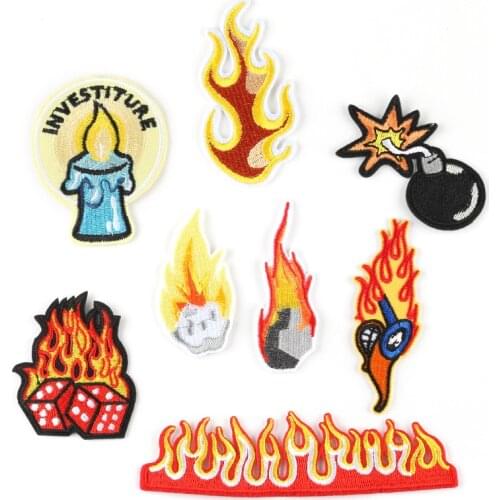 Flame Embroidery Patches Iron on Cartoon Fire Bomb Badges DIY Thermo Stickers for Clothes Holes Patch Burning Candle Appliques