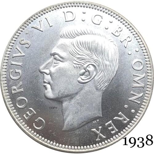 United Kingdom 1938 KG 1/2 Half Crown King George VI Left Sixth Great Britain HP Silver Plated Copy Coin Reeded Edge