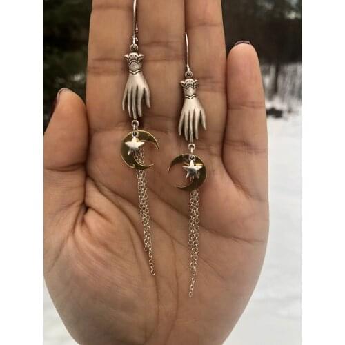 Silver Plated Celestial Victorian Hand Earrings,Celestial Earrings,Moon Charms,Star,Gift,gift for Wicca Lover,Whimsical Earrings