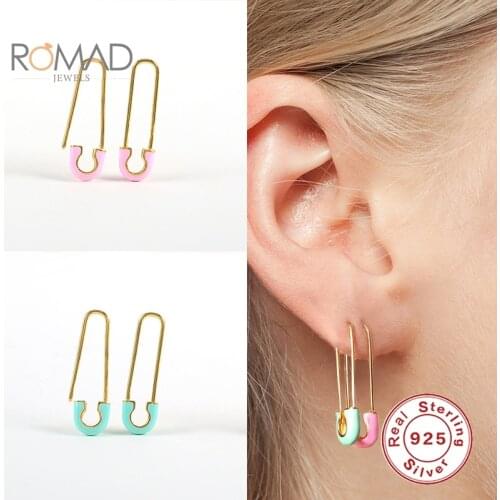 ROMAD 925 Sterling Silver Green Pink Dripping Oil Earring 2021 Trend Safety Pin Earring For Women Party Jewelry Gift Pendientes