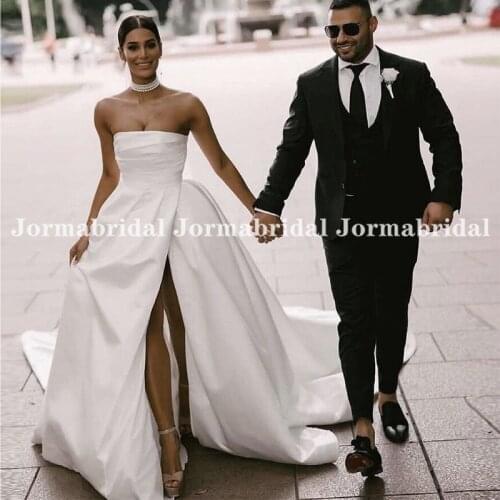 Sexy High Slit Satin Wedding Dresses With Draped Skirt Custom Made A-Line Strapless Bridal Dress Corset Robe Dentelle Femme
