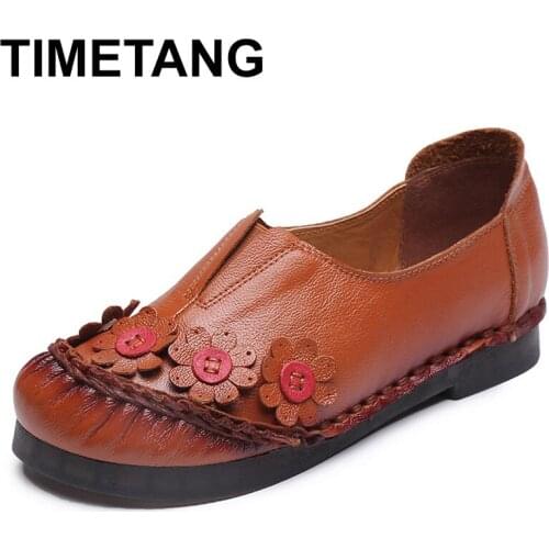 TIMETANGAutumn Flower Design Fashion Round Toe Flat Shoes Vintage Soft Background Women GenuineLeather Flats Loafer Girl BigSize