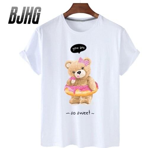 100% Cotton Donut Bear Print Top Short-sleeved T-shirt Female Half-sleeved Summer Casual Oversized T-shirt Male Shirt S-4XL