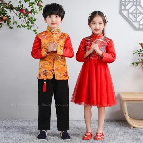 Chinese New Year Traditional Kids Tang Suit Children Girl Qipao Cheongsam Princess Wedding Dress Toddler Boy Hanfu Coat Top Pant