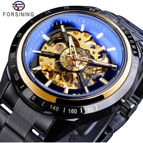 Forsining 2019 Unique Mens Mechanical Watch Automatic Black Steampunk Sport Watches Full Steel Band Wristwatch Relogio Masculino